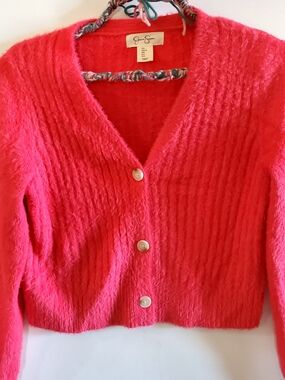 Jessica Simpson Hot Pink Crop Fuzzy V-Neck Button Cardigan Womens Large